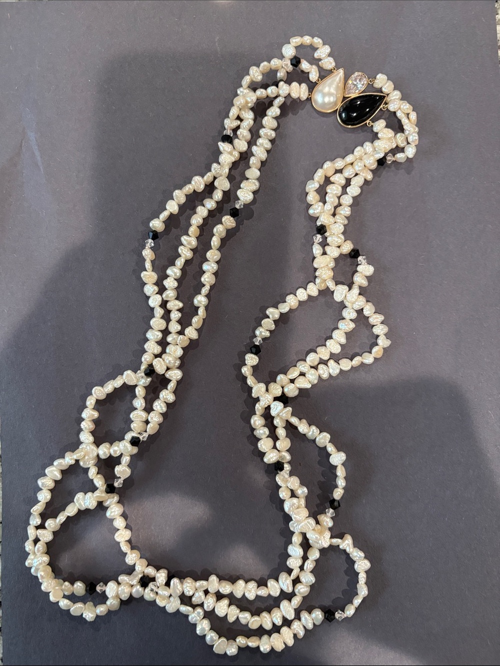 Elegant Freshwater Pearl and Black Bead Long Necklace